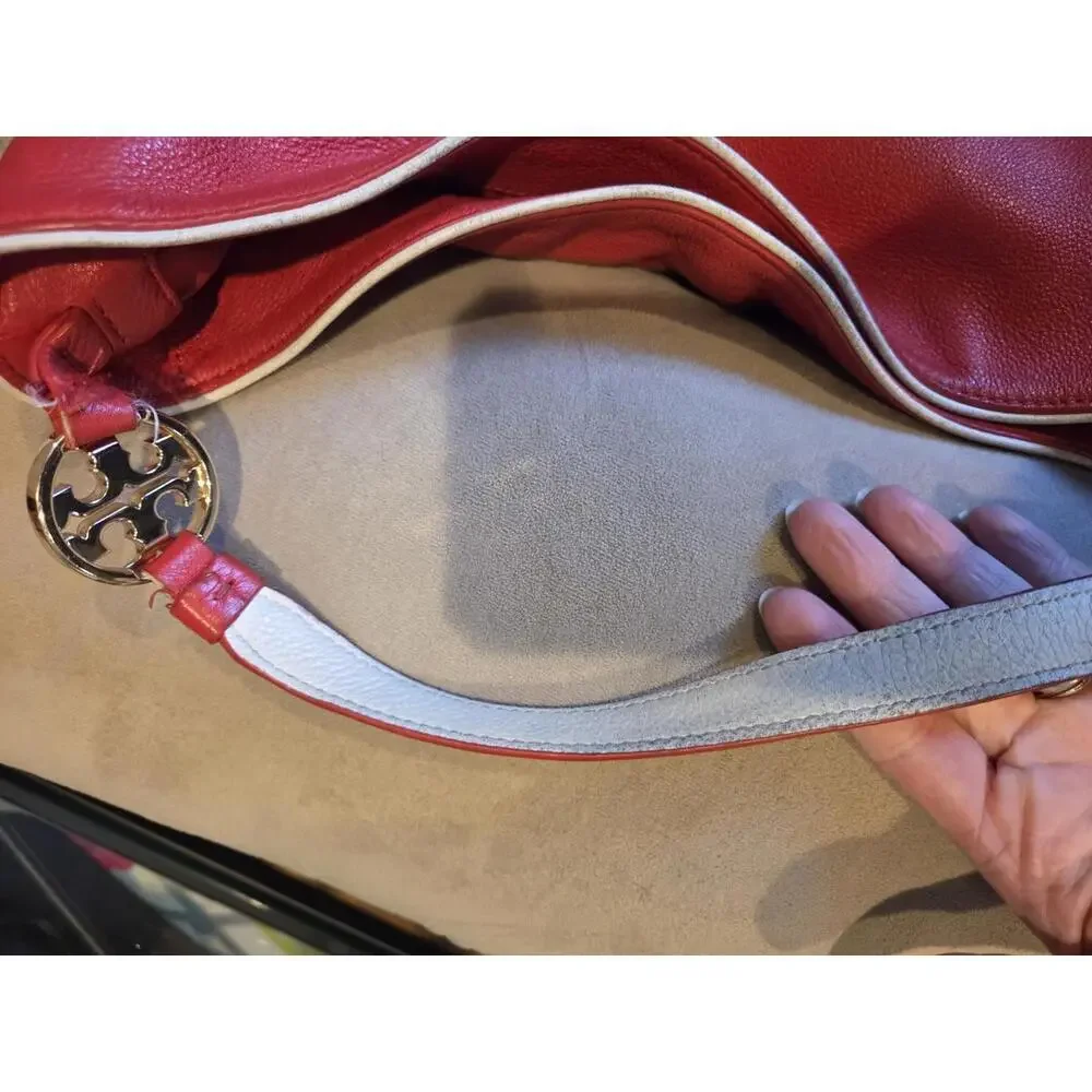 Tory Burch Red Leather boho Shoulder Bag with Logo Accent